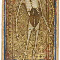 a white skeleton holding a scythe stands in front of a gold background 
